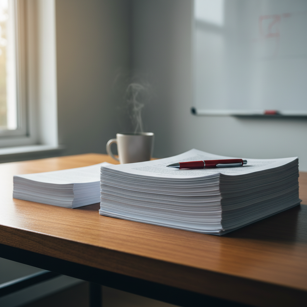 Neat desk with two stacks of manuscript pages and a red pen resting on top, lit by window light.