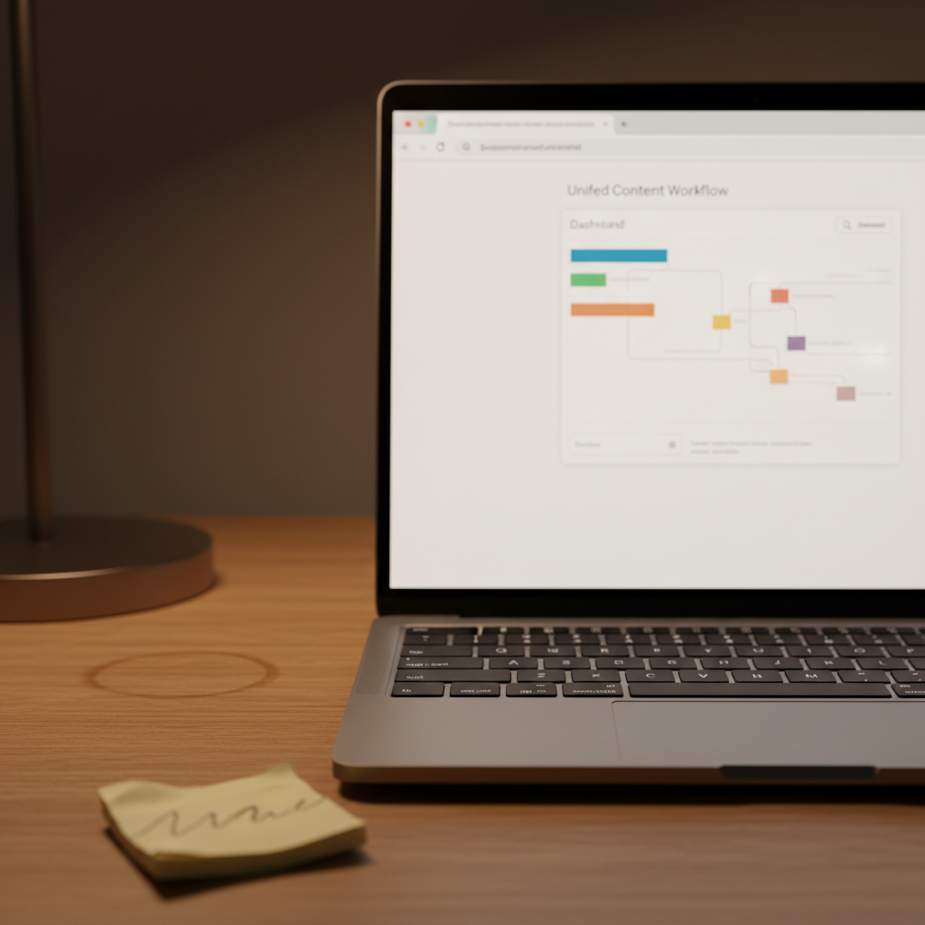 Open laptop on a cluttered desk showing a browser tab with a content dashboard, sticky note on monitor, phone face-down, and 