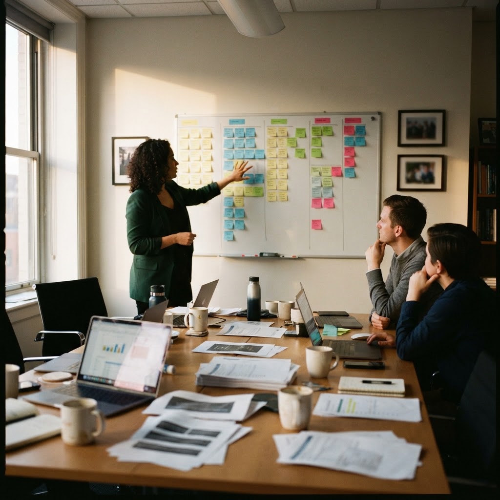Person at a whiteboard covered in sticky notes arranged into columns, teammates with laptops visible around a table in aftern