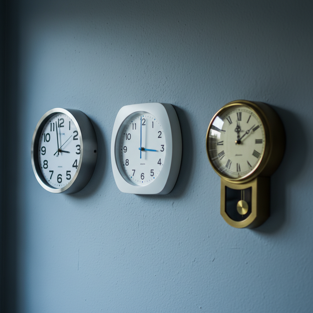 Three analog wall clocks showing different times, each casting a shadow under cool light from a narrow window.