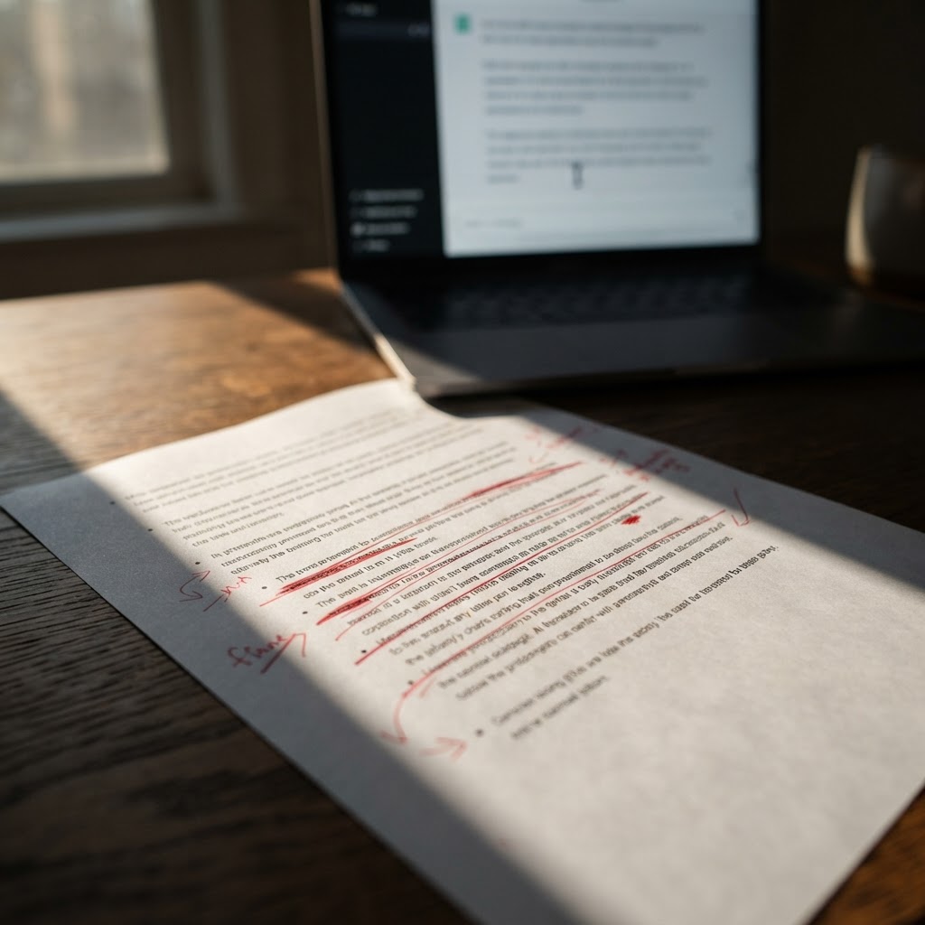 Printed company profile with multiple lines crossed out in red pen, laptop open to a chat interface, diagonal afternoon shado