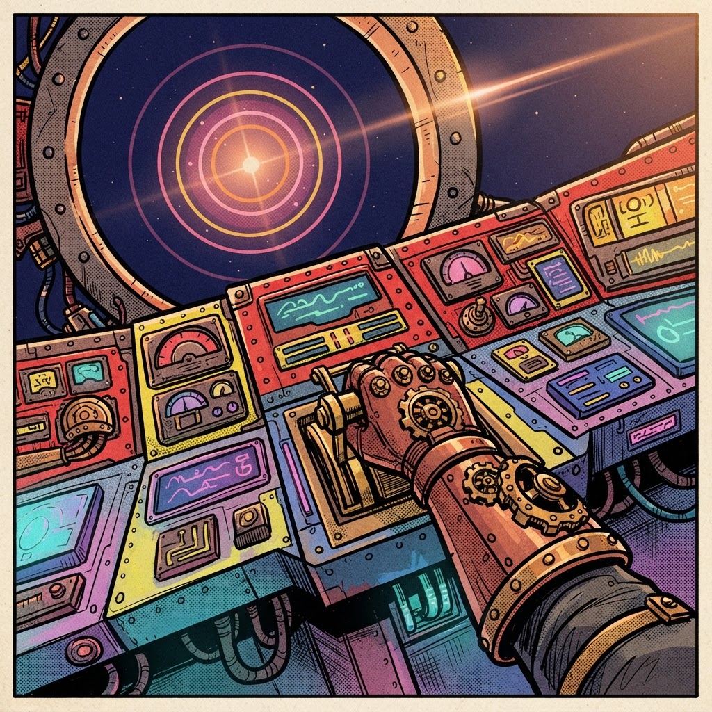 Brass-and-copper starship command console with lit instrument panels and a gloved hand on a central lever; glowing rings radi