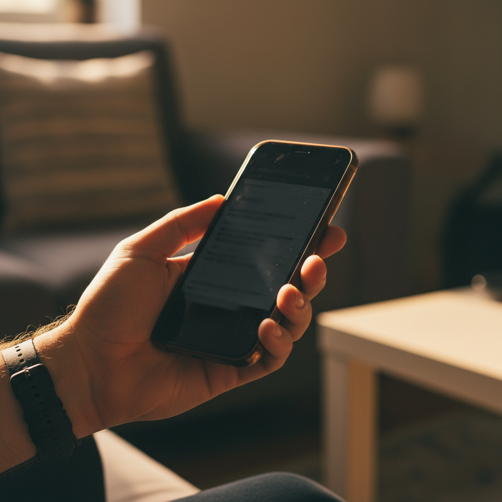 Hand holding a phone showing a full-screen dark modal overlay with a tiny close button and hidden content beneath.