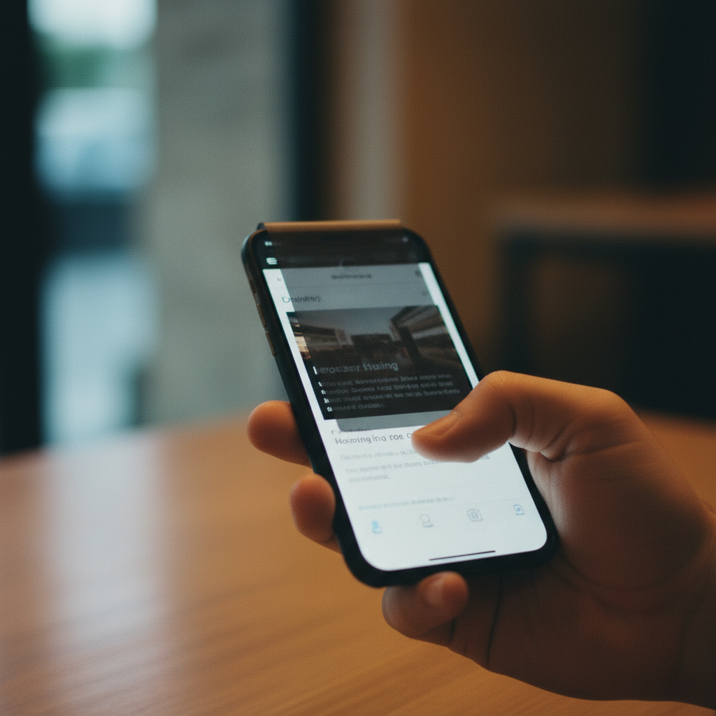 Hand holding a smartphone with a large dark pop-up overlay beginning to cover a half-loaded webpage.