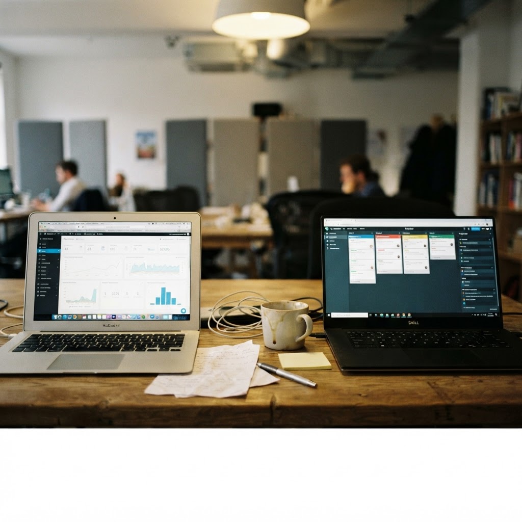Two laptops side by side showing different ChatGPT conversations, one screen organized and one cluttered with tools.