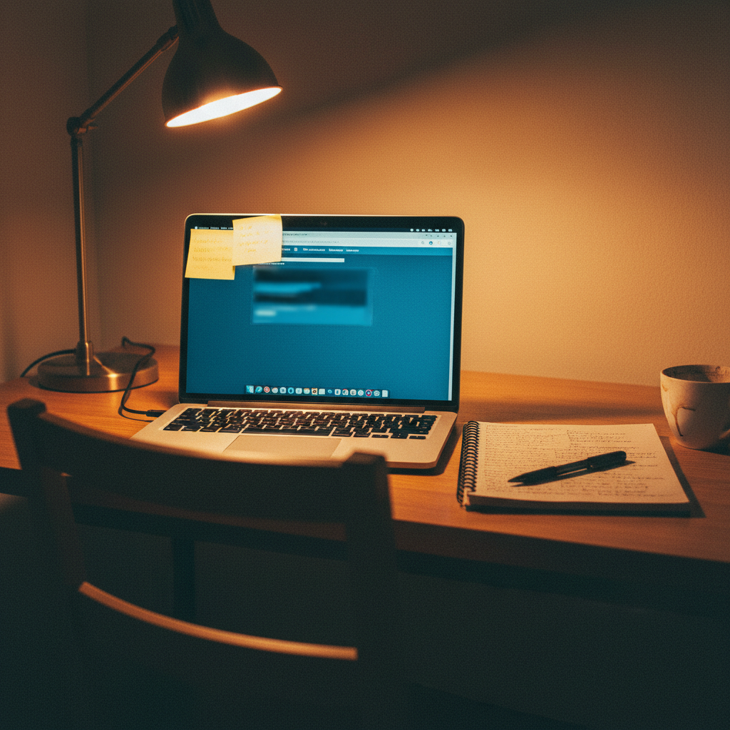 Laptop screen displaying a Slack message with a pasted plugin name, surrounded by sticky notes and an open notebook.