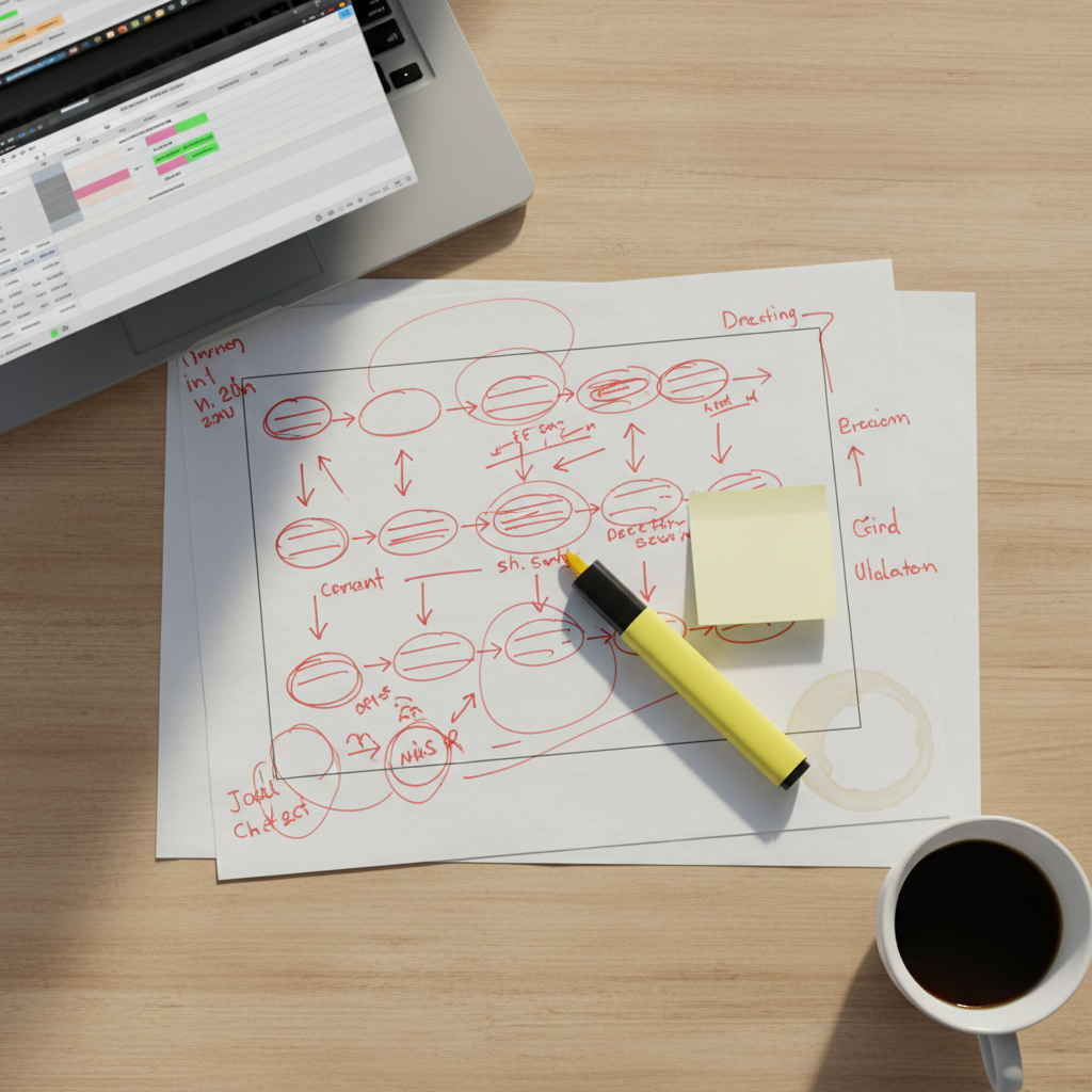 Overhead view of a cluttered desk with an annotated workflow diagram, red handwriting, a highlighter, sticky note, cold coffe