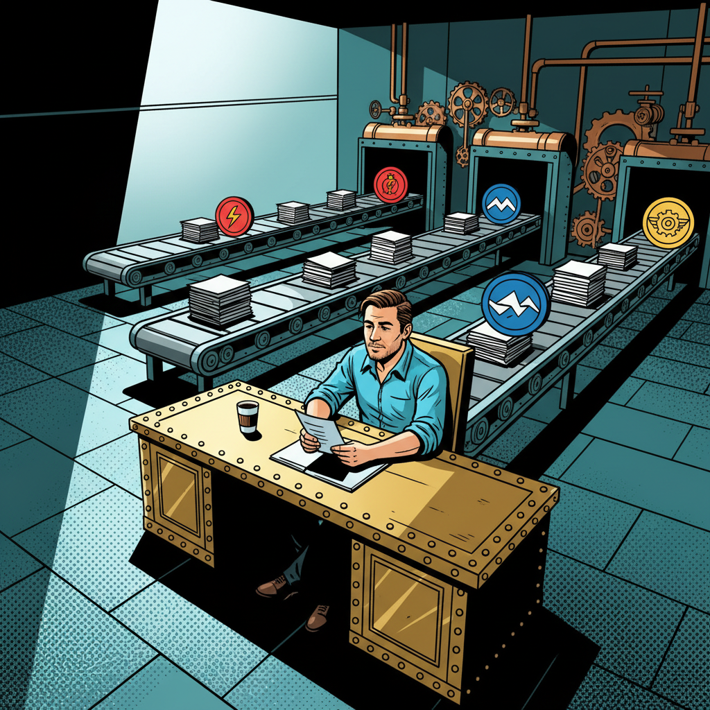 A person at a command-center desk surrounded by multiple monitors and screens displaying content streams in a steampunk-style