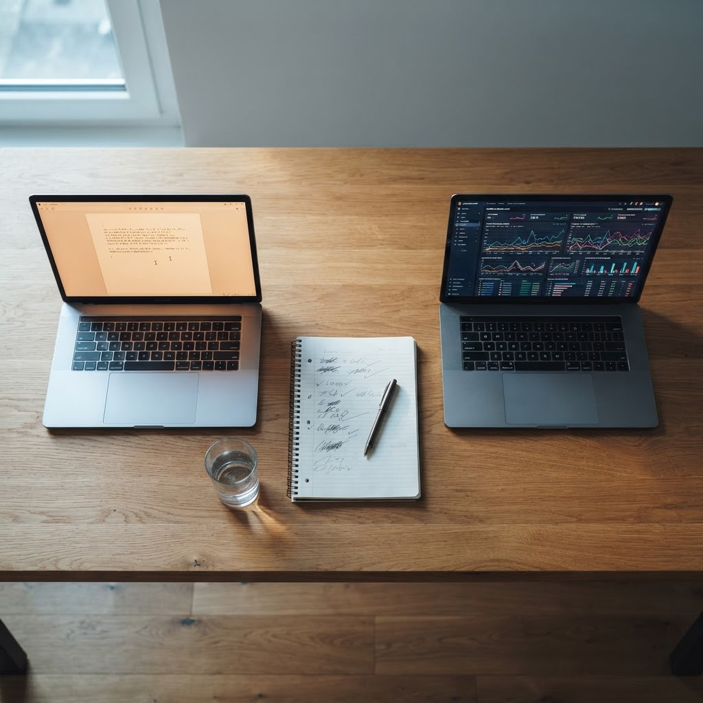 Two laptops on a wooden desk, one showing a blank content editor mid-draft, the other displaying an analytics dashboard with 