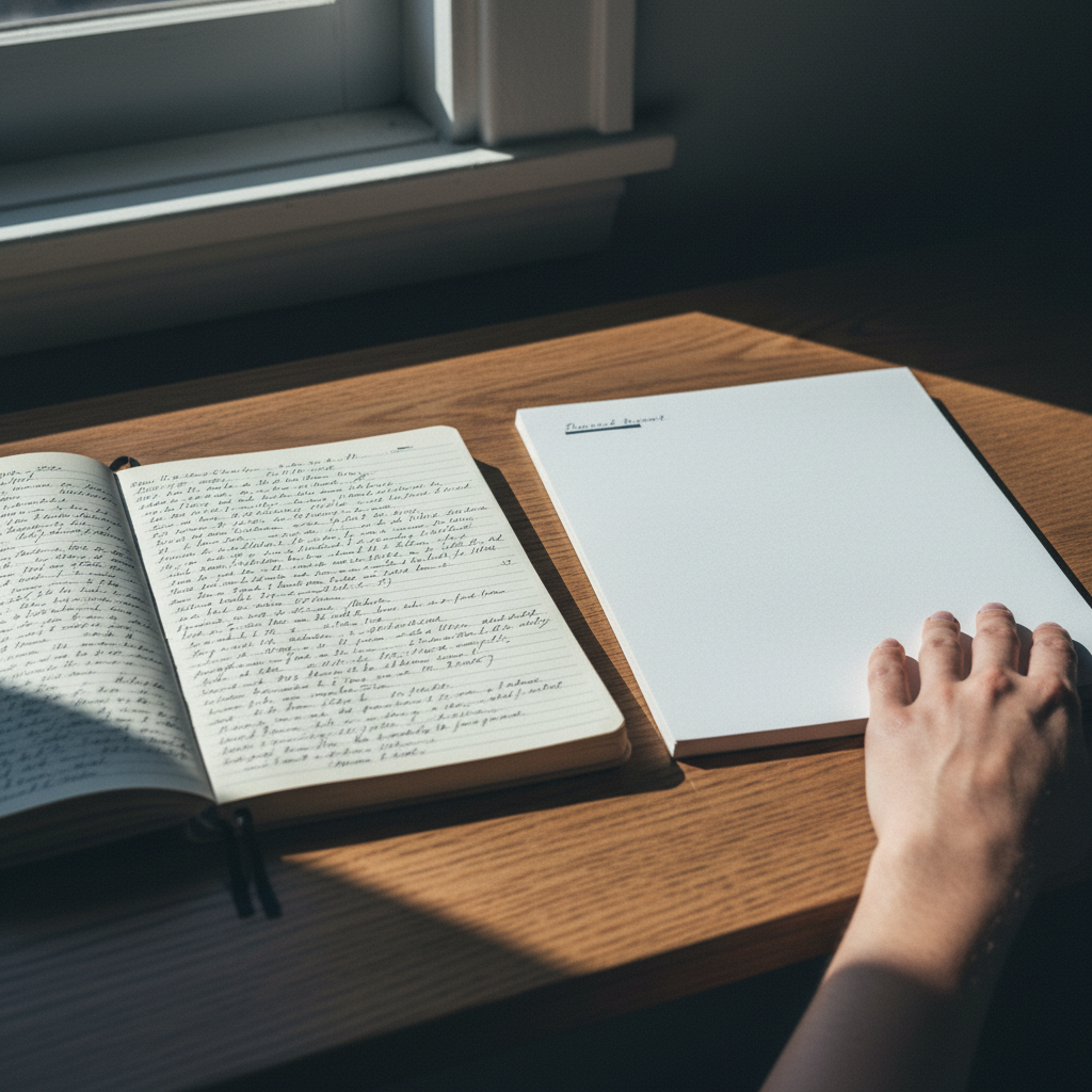 Two open notebooks side by side on a wooden desk, one dense with blue handwritten notes, the other nearly blank, forearm rest