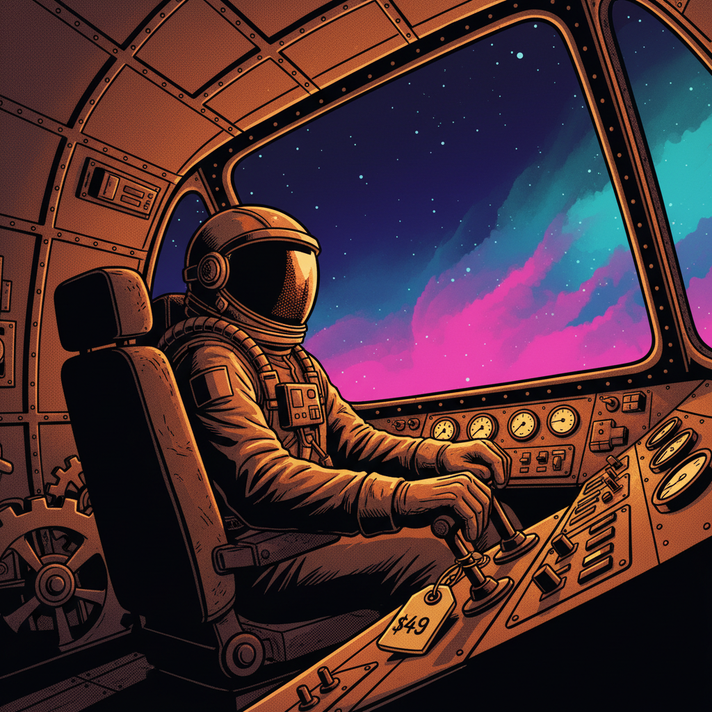 A lone astronaut-engineer at a riveted copper control panel in a one-person cockpit, hands on controls, star field visible th