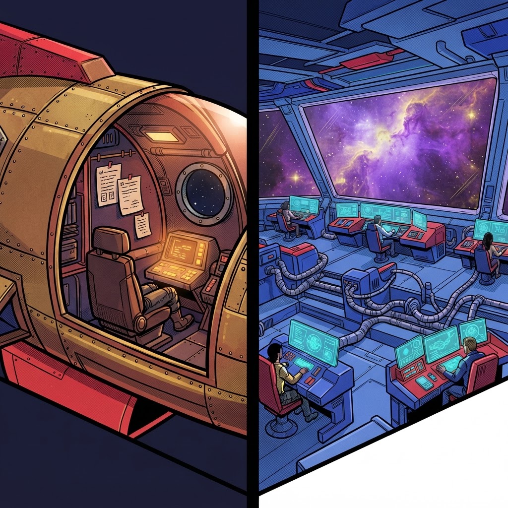 Split cross-section of two cockpits: left shows a lone pilot's copper-walled capsule with one terminal; right shows a multi-c