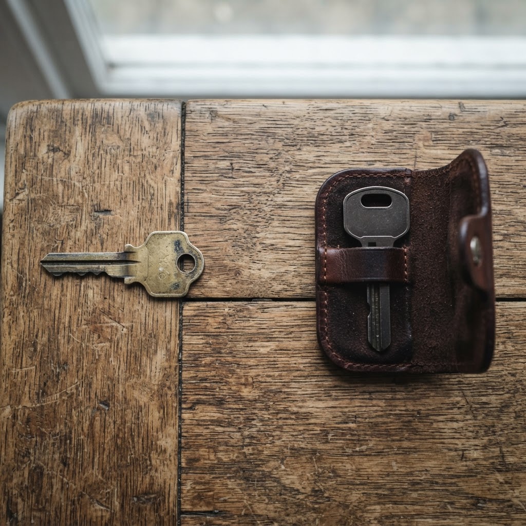 Two keys on a wooden table - one small and worn, one larger and institutional, resting in an open leather case.