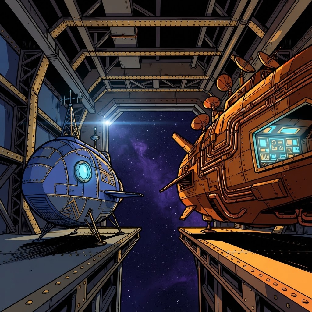 Two large starships docked at a space station: a sleek single-porthole vessel beside a wide freighter covered in broadcast di