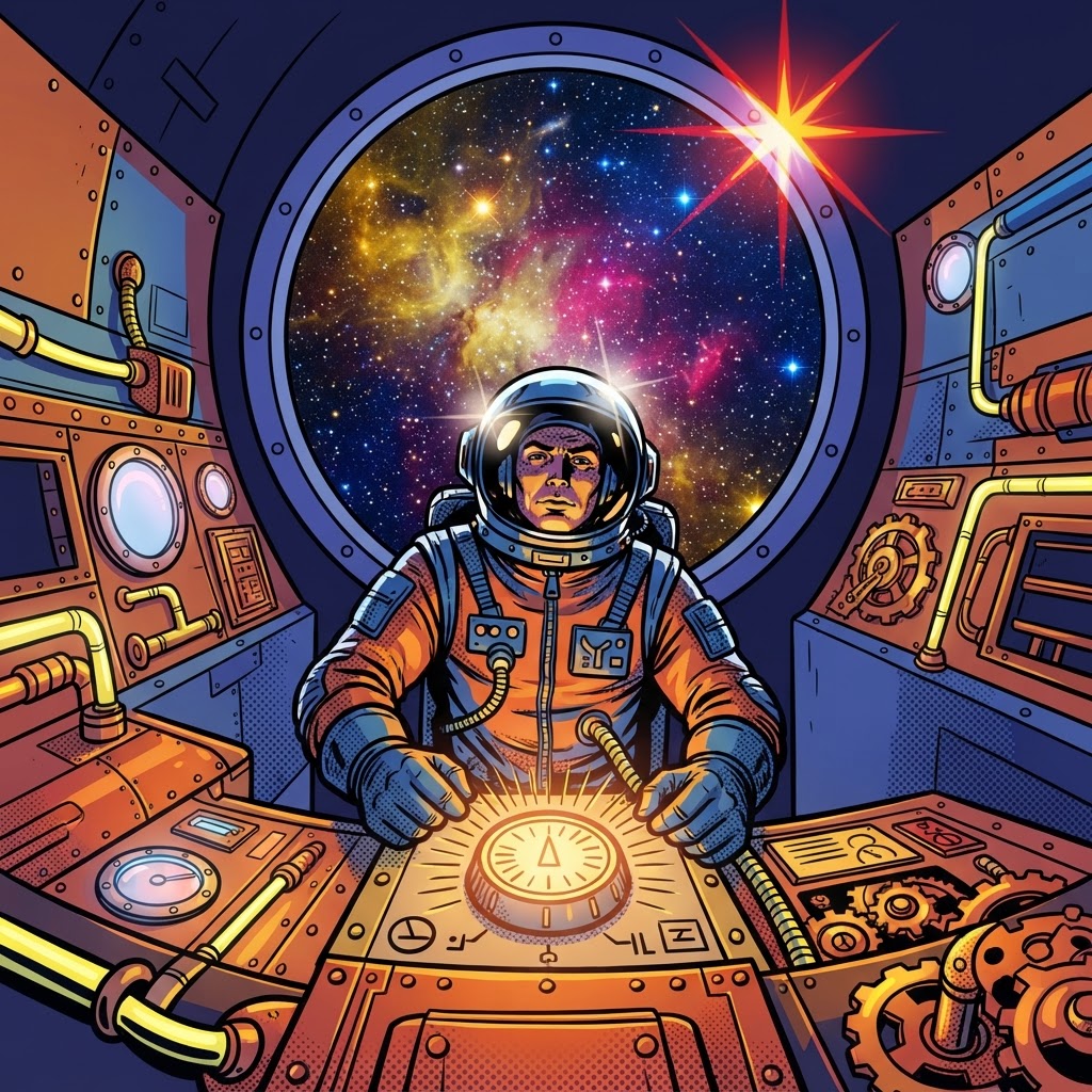 Astronaut at a riveted brass cockpit console gripping a glowing dial, with a golden nebula visible through the viewport windo