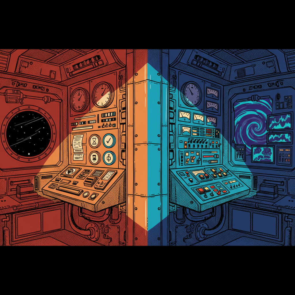 Two steampunk starship control panels side by side, one with brass gauges and levers, the other with glowing A/B toggle switc