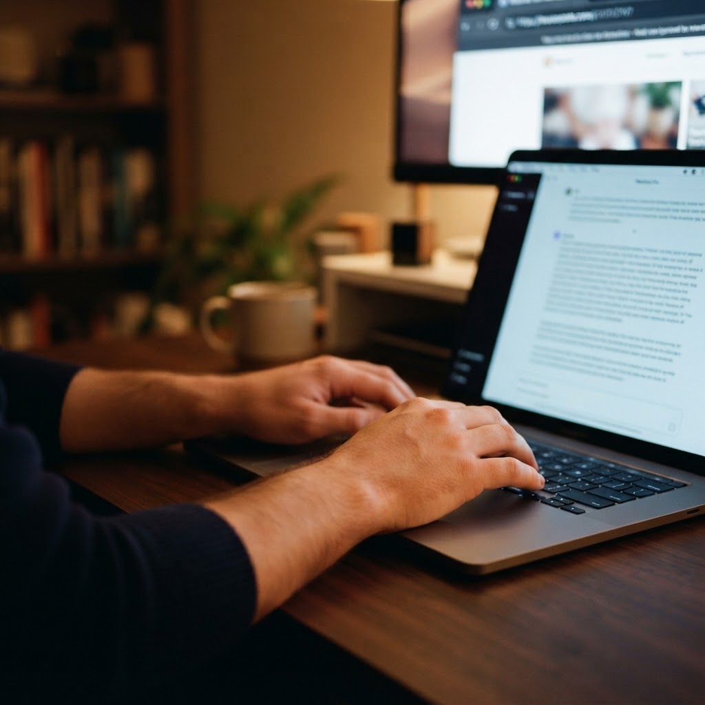 Hands resting on a laptop keyboard in a dim office, ChatGPT conversation visible on screen with a browser tab open