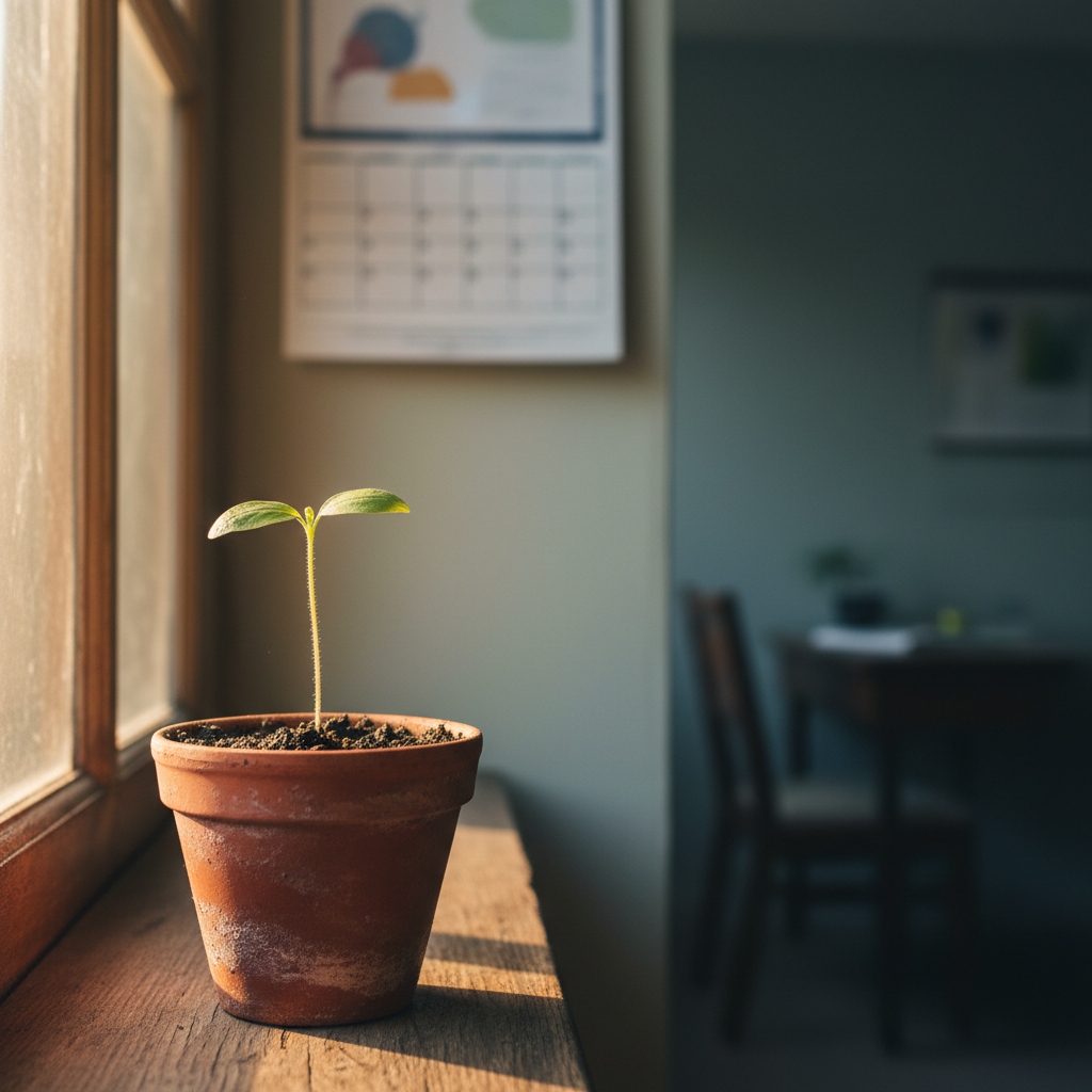Small green seedling in dark soil on a windowsill with morning light and a blurred calendar on the wall behind it.