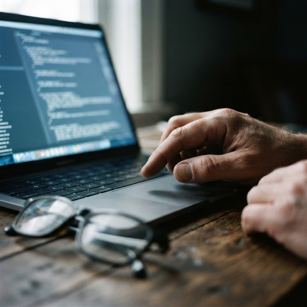 Developer's hand hovering over a laptop keyboard beside glasses, monitor showing dense lines of code.