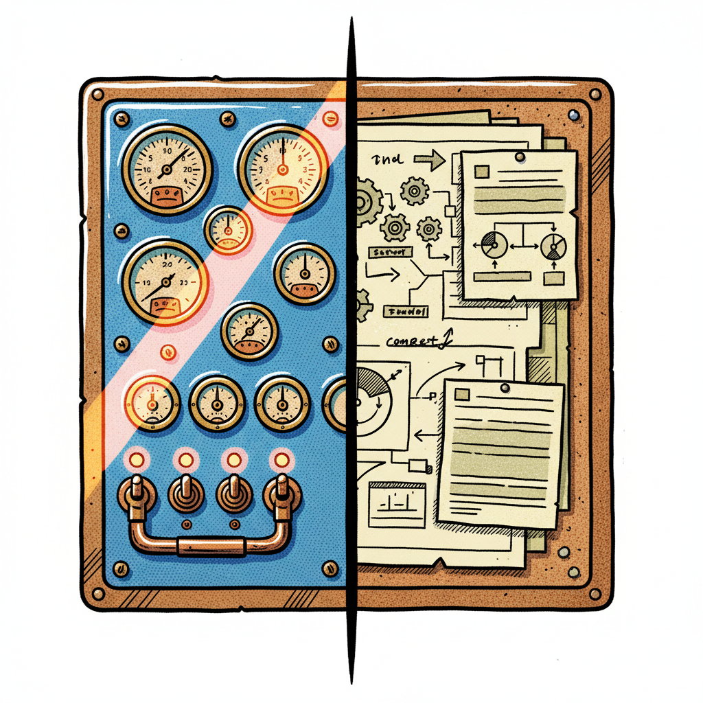 Two control panels side by side: one with lit gauges and spinning dials, the other a blueprint schematic pinned to a corkboar
