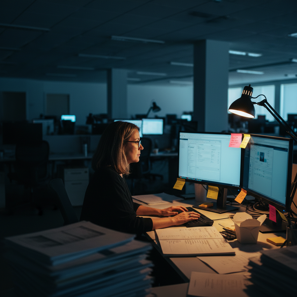 Two monitors covered in sticky notes displaying multiple browser tabs with client brand guidelines, desk lamp lit in dim offi