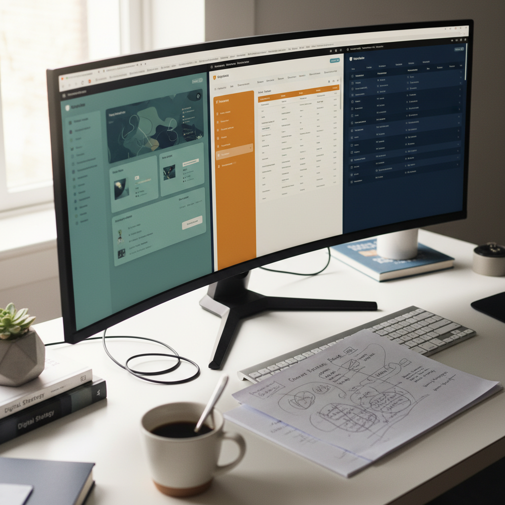 Wide monitor showing three browser tabs with different brand color palettes and logos, printed brief with pencil annotations 