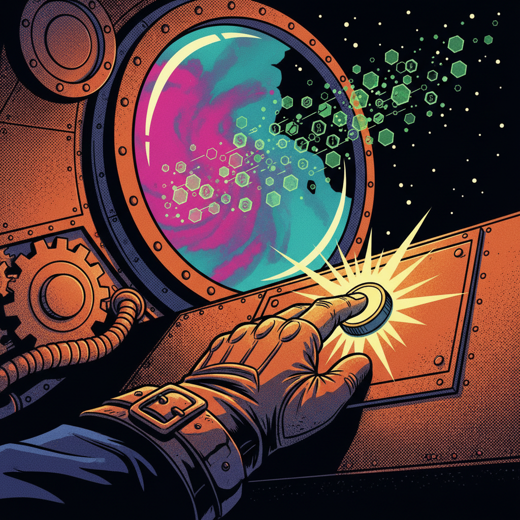 Gloved hand pressing a glowing button on a riveted copper panel, with green data streams visible through a circular viewport