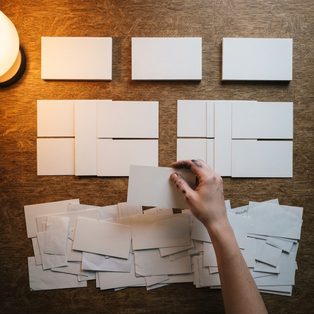 Hand arranging index cards in three rows on a wooden table under warm directional desk lamp light.