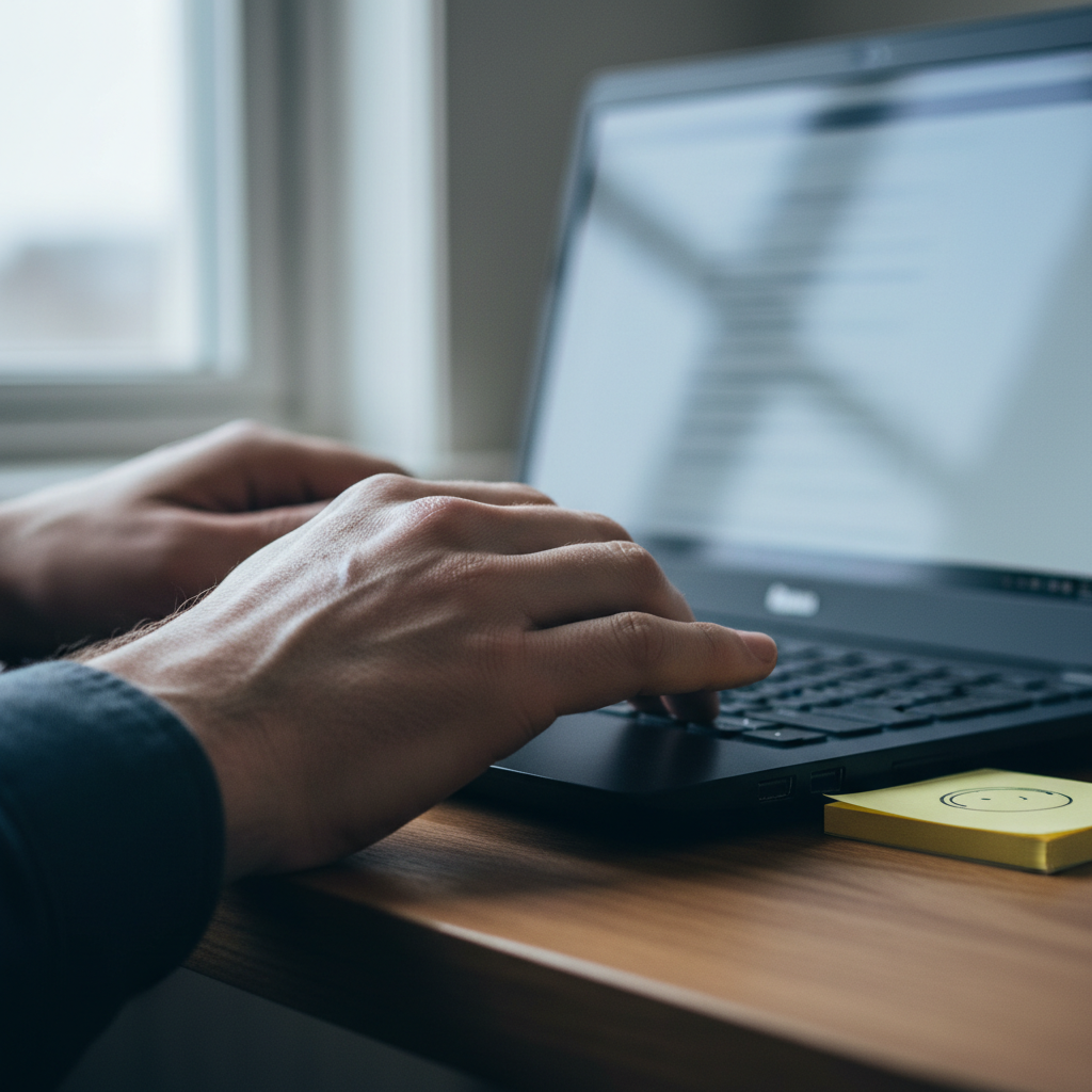 Hands hovering over a laptop keyboard, screen showing a half-finished document, sticky note with a circled question mark besi