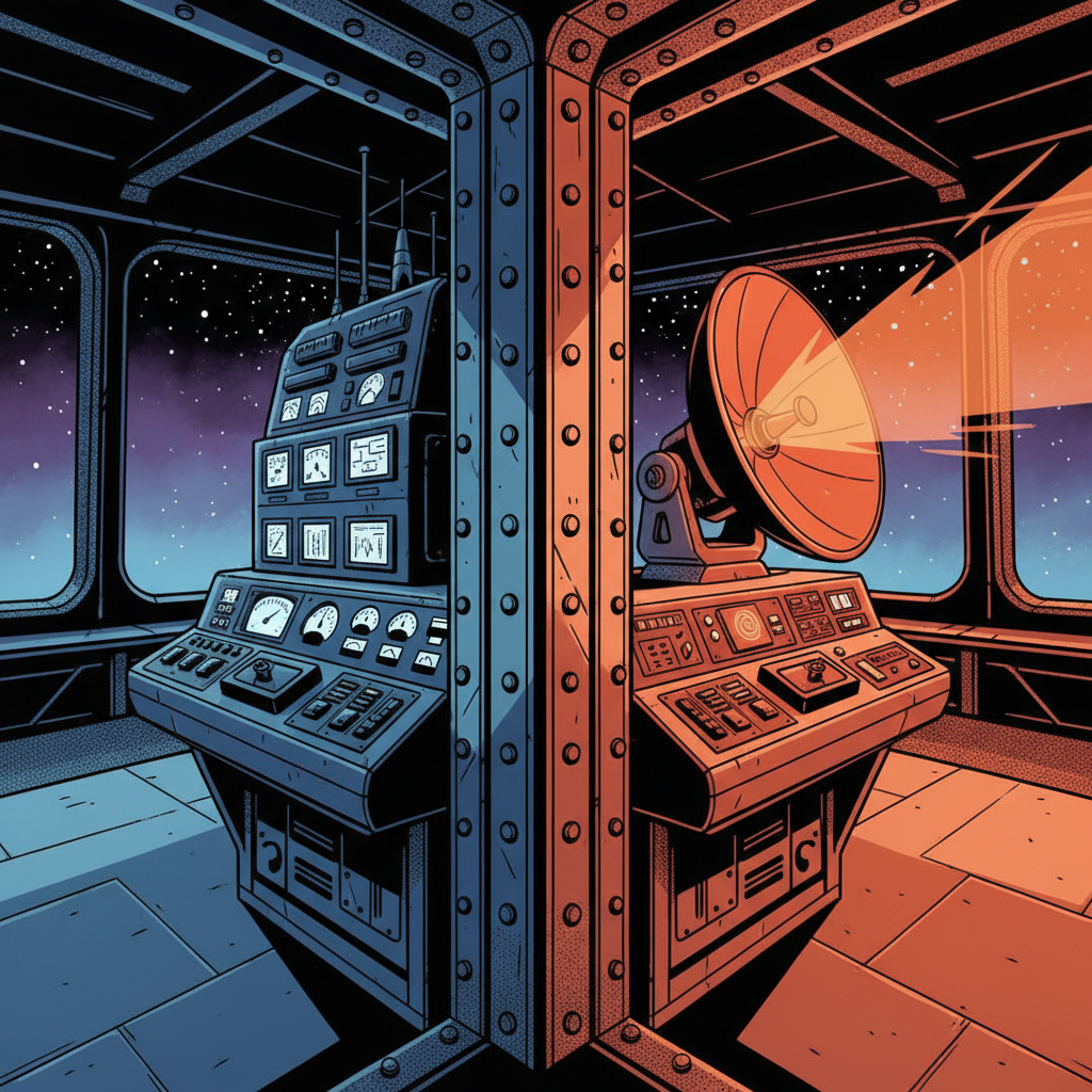 Two retro-futuristic starship consoles side by side, one with broadcast antennae and planning screens, the other with a singl