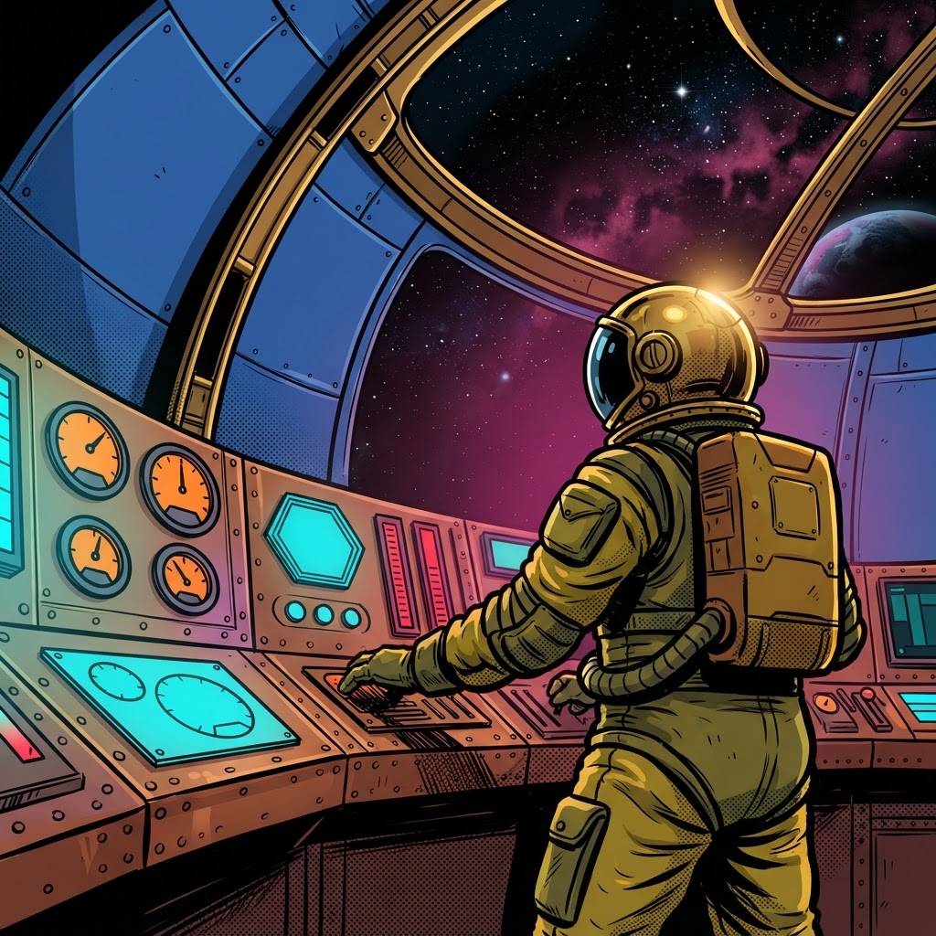 Astronaut at a brass-and-copper retro control console, surrounded by porthole windows showing dial gauges, with a deep indigo