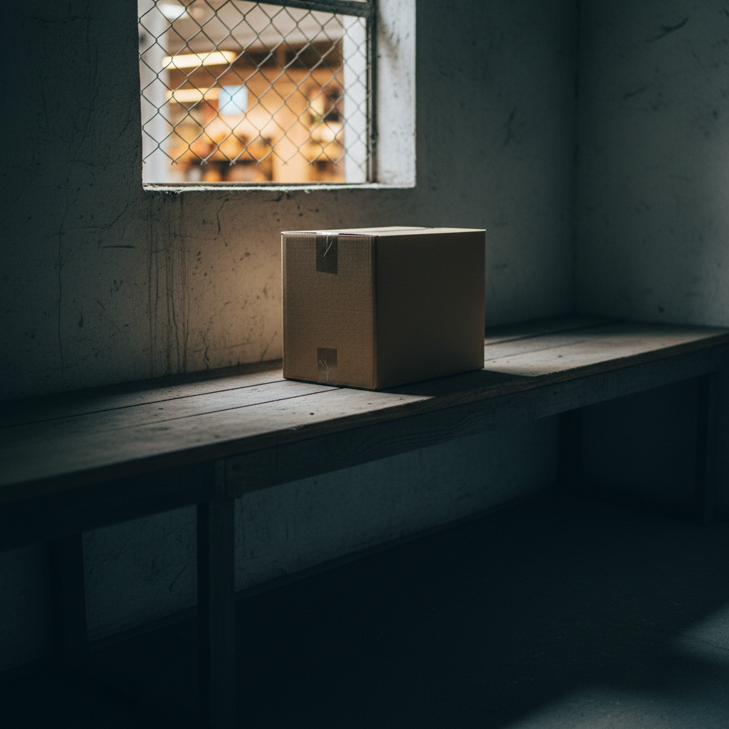 A product box alone on a dim stockroom shelf, with a brightly lit room visible through a small wire-mesh window behind it.