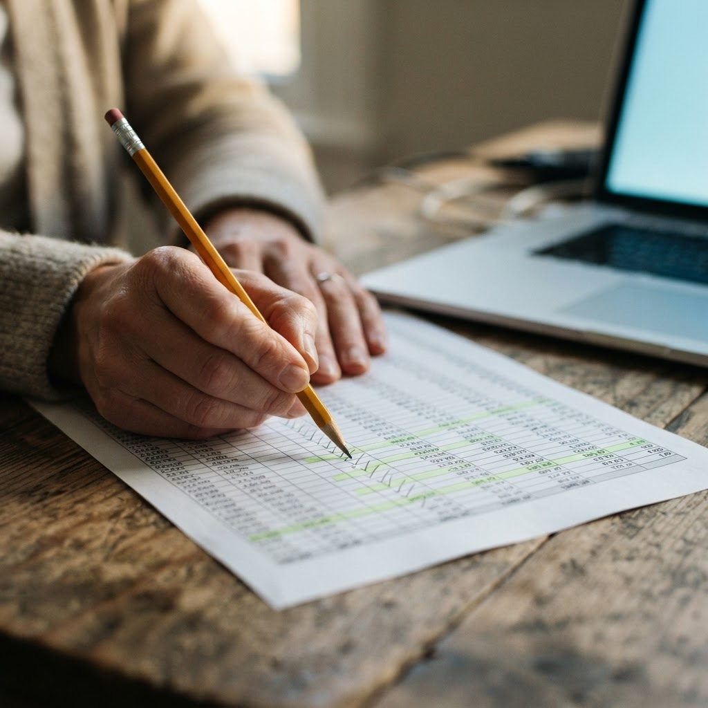 Hand holding a pencil over a printed bank reconciliation sheet with tick marks and green highlighter, laptop glowing nearby