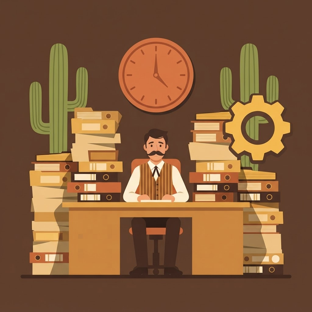 Person buried under stacked ledger folders and asset registers
