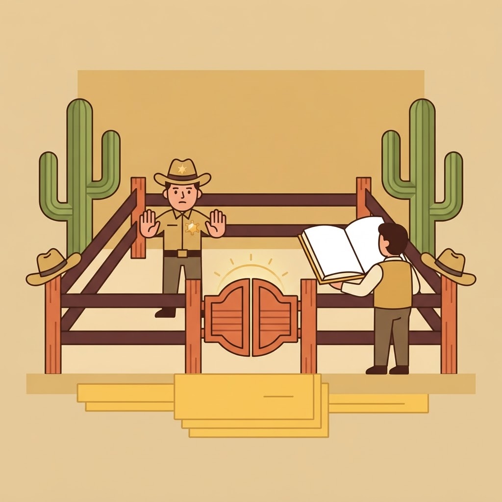 Cartoon sheriff deputy inside a fenced corral with hands raised