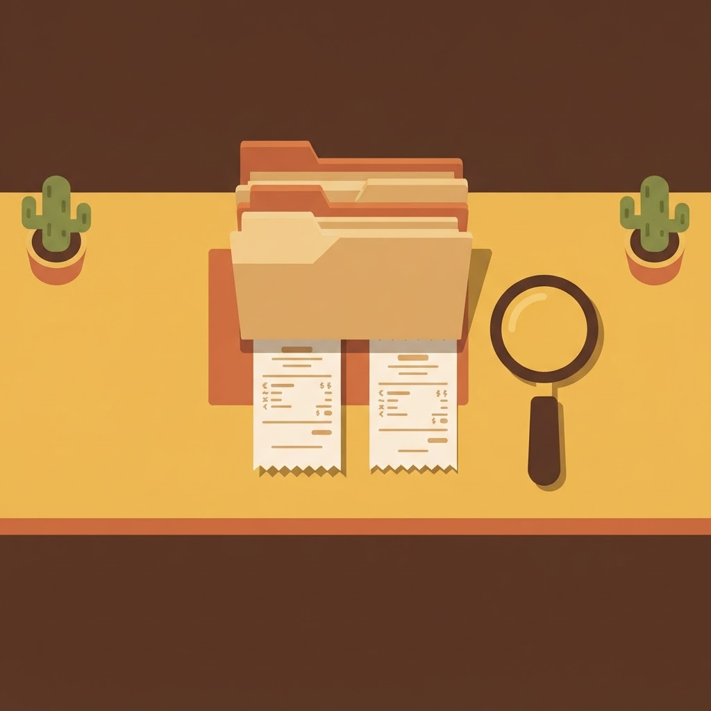 Two identical receipts side by side on a desk piled with expense reports, one stamped approved