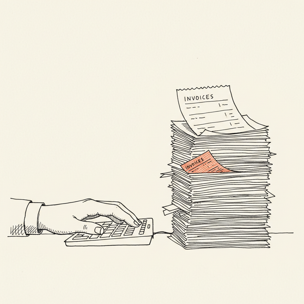 Pen-drawn hand hovering over a keyboard beside a tall stack of receipts, with one slip highlighted in an accent color.