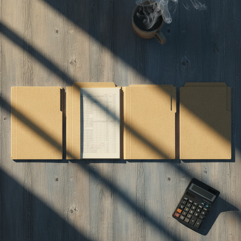 Four labeled manila folders spread in a row on a desk, morning light raking across handwritten tabs beside an open spreadshee
