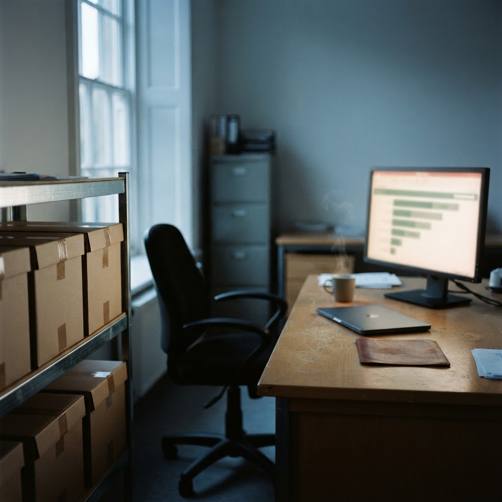 Empty accounting office with a pushed-back chair, steaming mug, glowing monitor and taped archive boxes on a shelf.