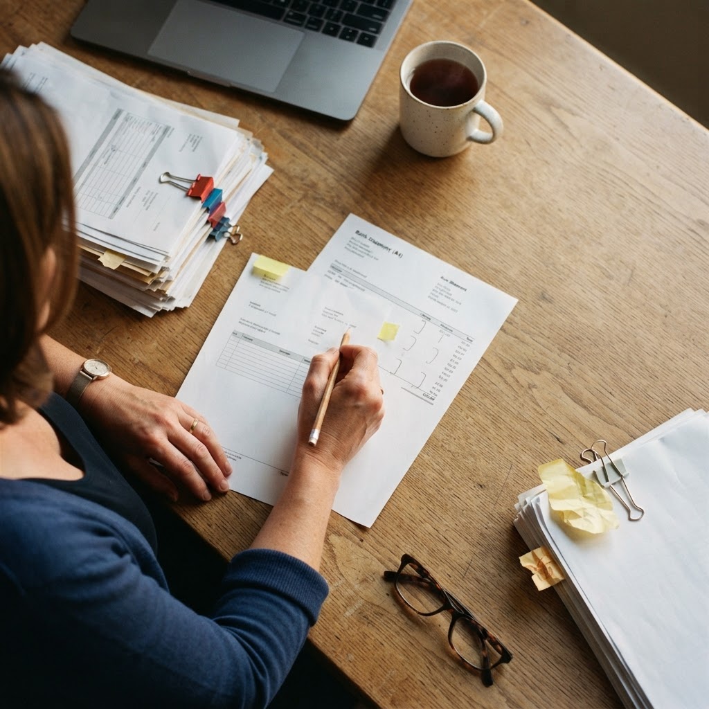 Desk with stacked invoices, some clipped together, a pencil-marked bank statement, a mug of tea and a hand holding a pencil.