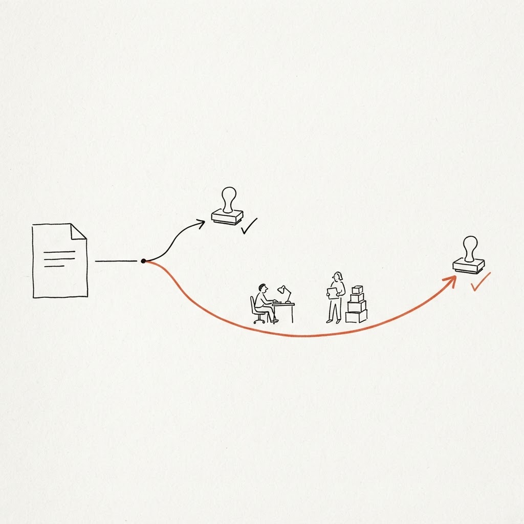 Hand-drawn diagram of a paper's path splitting into a short route to a checkmark stamp and a longer one passing two desk