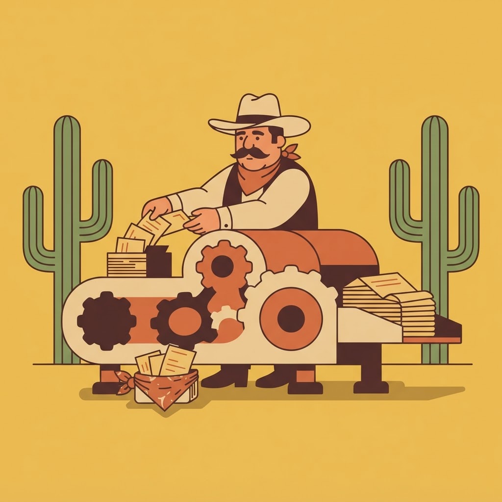 Illustrated accountant at a mechanical contraption with gears and a conveyor belt, transaction slips fed