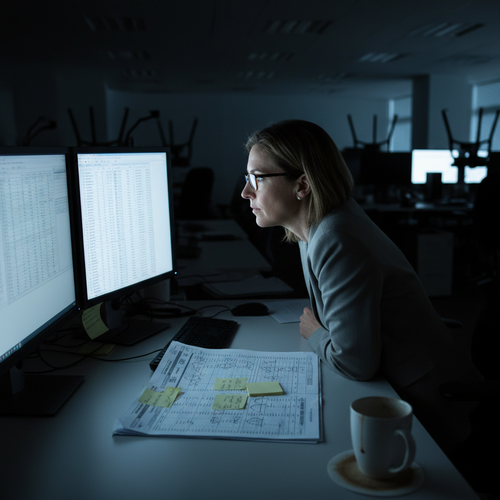 Woman hunched over dual monitors late at night, spreadsheet glow reflecting off her glasses, pencil-marked bank statement and