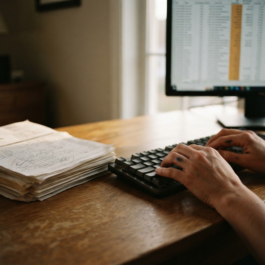 Hands over a keyboard at a desk scattered with bank statements, second monitor displaying rows of transaction data with one c