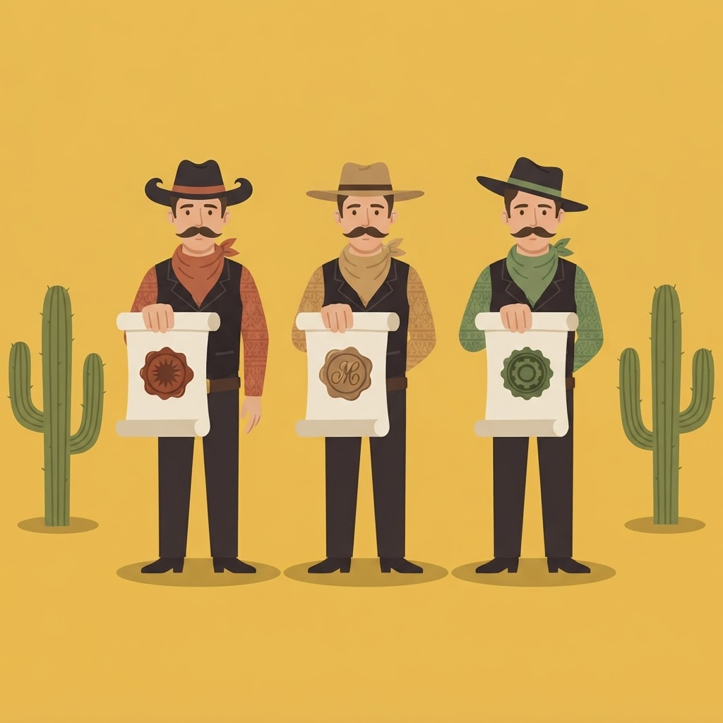 Three identical cowboy figures side by side, each wearing different colored hats and carrying a rolled scroll