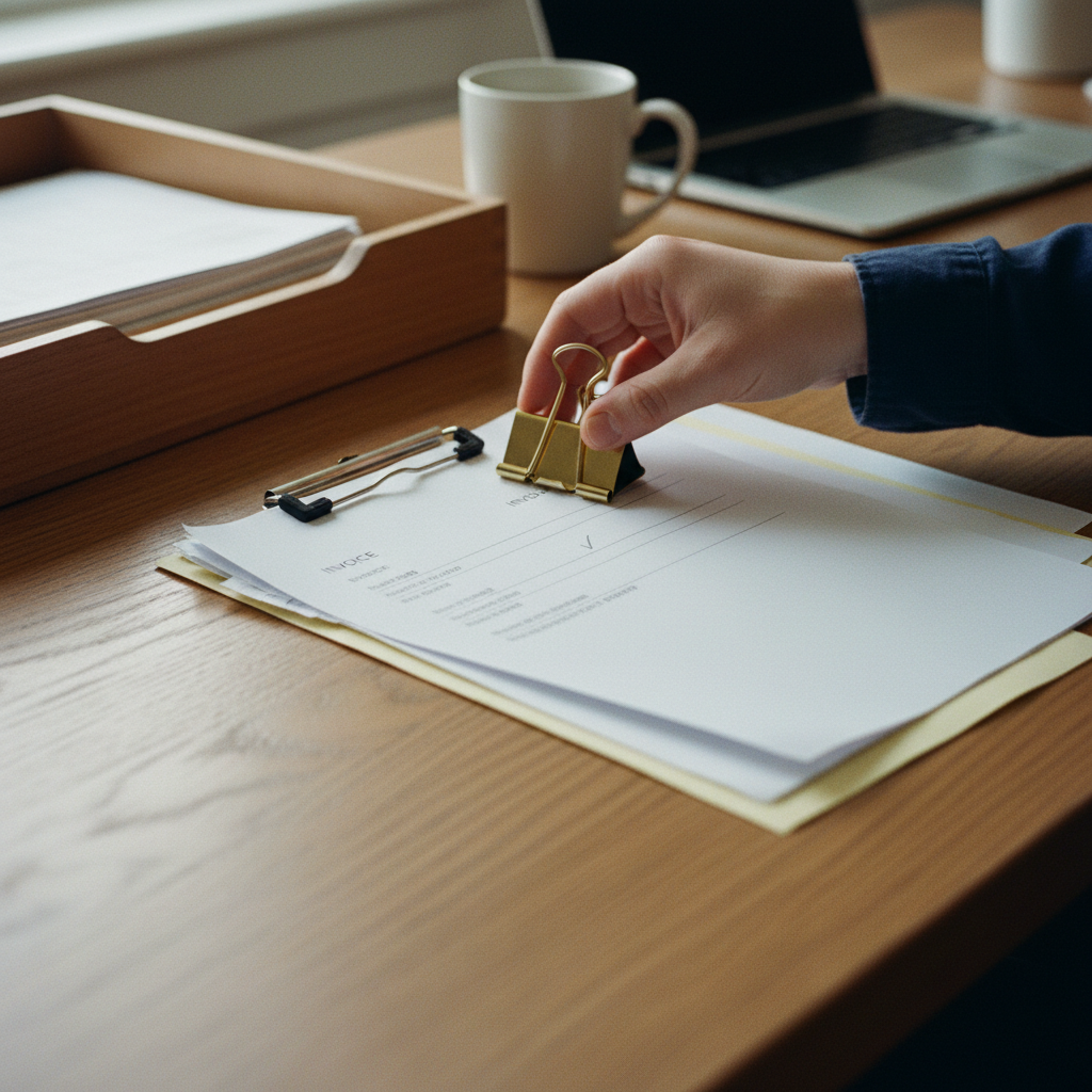 Hand sliding a brass clip onto an invoice, purchase order and delivery receipt in a wooden desk tray.