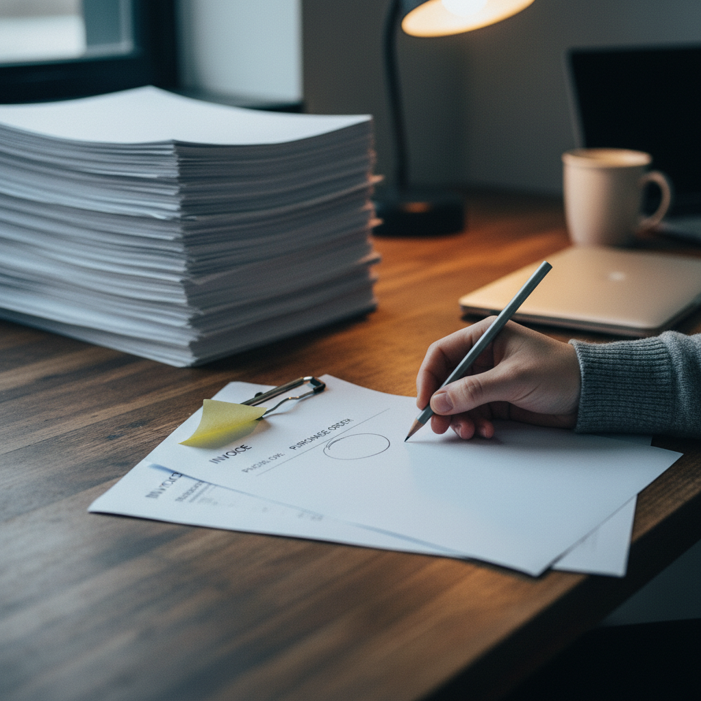 Single invoice half-clipped to a purchase order with a circled line item and sticky note, beside a neat stack of invoices.
