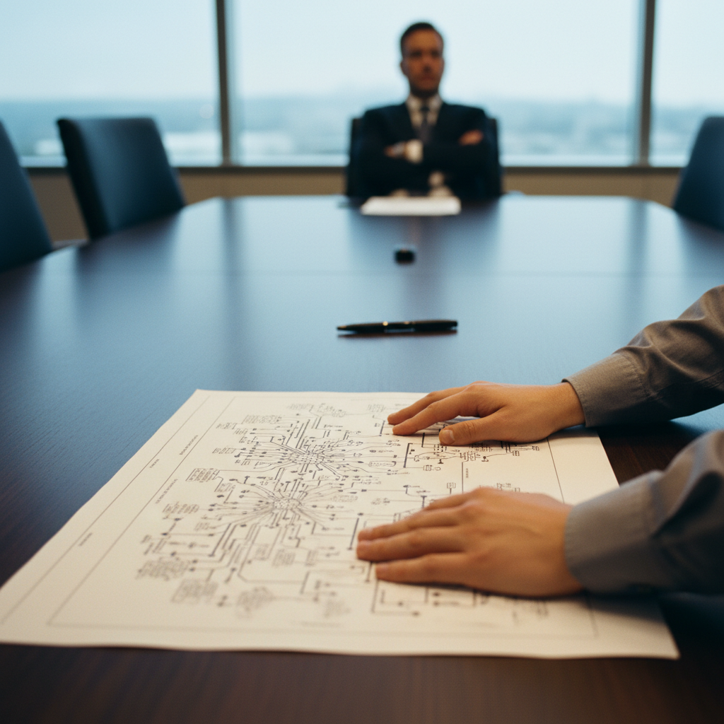 Researcher's hands spreading printed slides on a conference table; one slide shows a technical diagram while a blurred execut