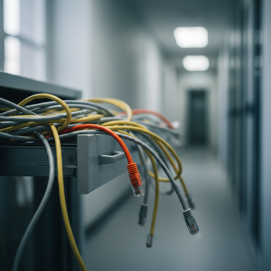 Tangled ethernet and USB cables spilling from an open server rack drawer