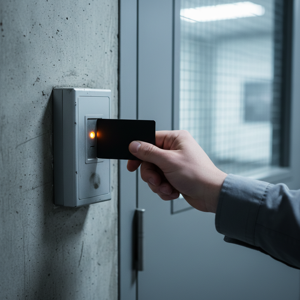 Security badge scanner on a reinforced door mid-swipe, card half-inserted and amber LED lit, wired-glass hallway visible beyo